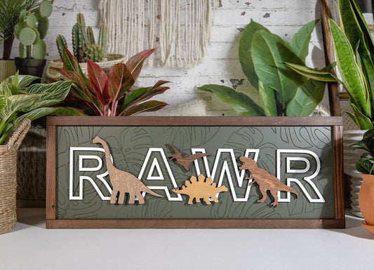Rawr Dinosaur Engraved Monstera Wood Sign 24x9
