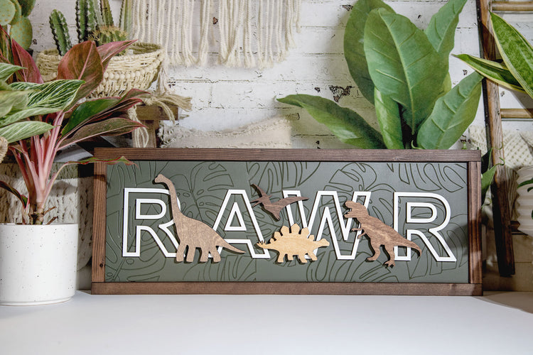Rawr Dinosaur Engraved Monstera Wood Sign 24x9