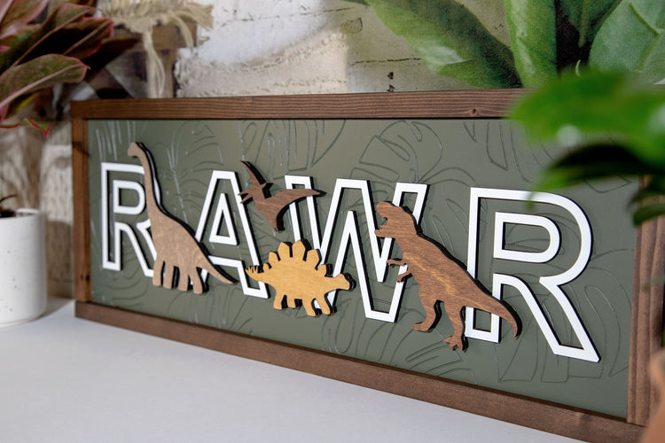 Rawr Dinosaur Engraved Monstera Wood Sign 24x9