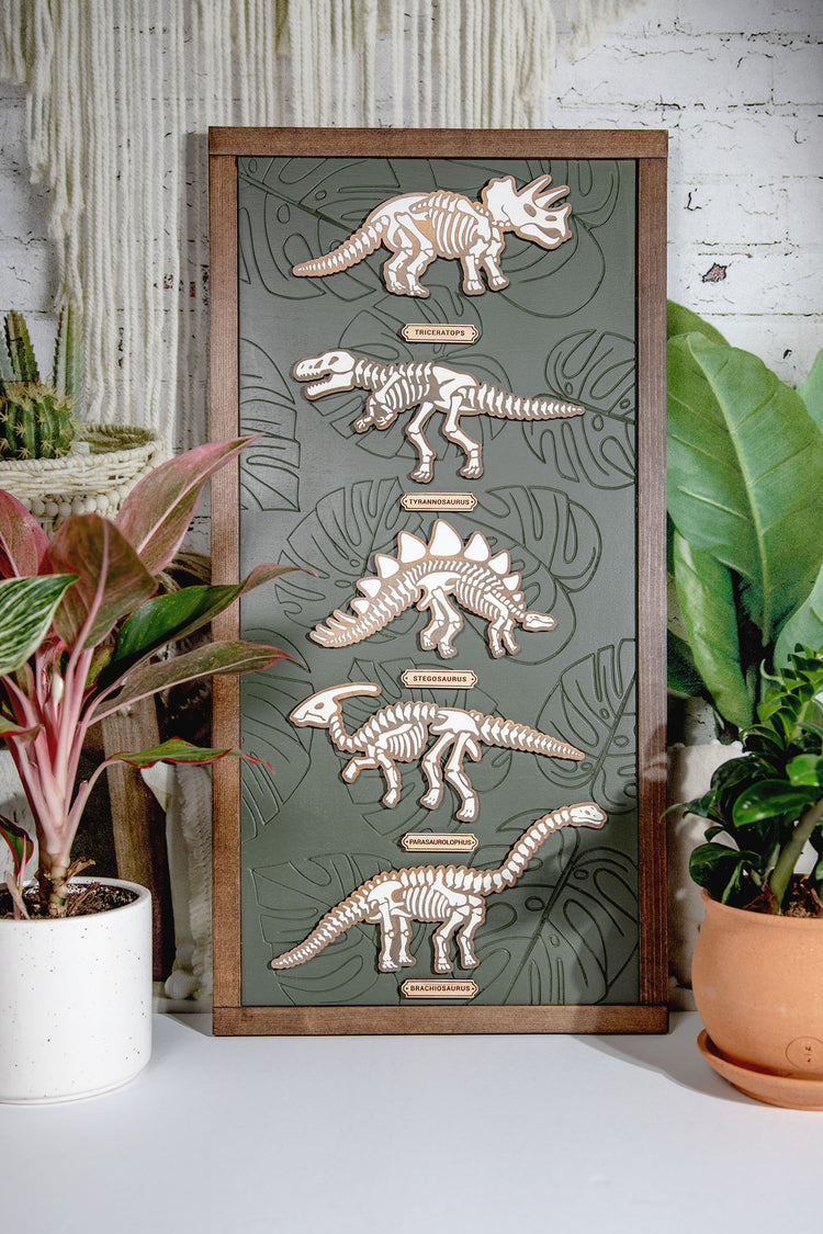 Dino Skeleton Engraved Monstera Wood Sign 12x24