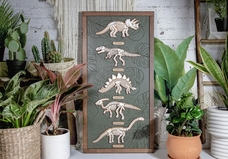 Dino Skeleton Engraved Monstera Wood Sign 12x24