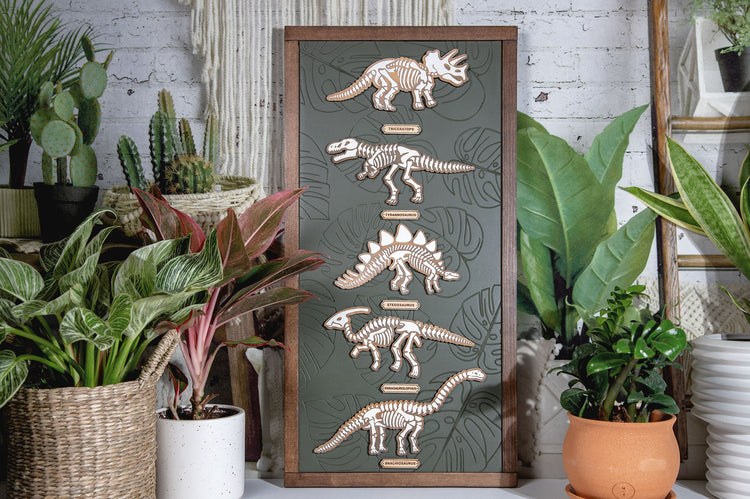 Dino Skeleton Engraved Monstera Wood Sign 12x24