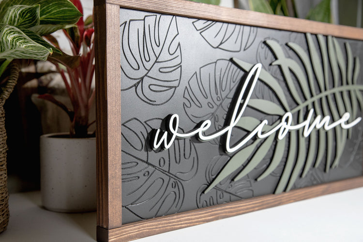 Welcome Fern & Monstera Wood Sign 24x12