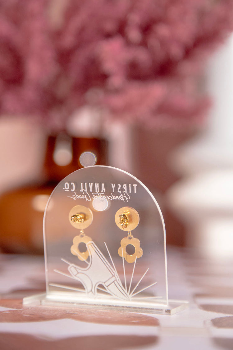 Checkered Daisy Wood Earrings