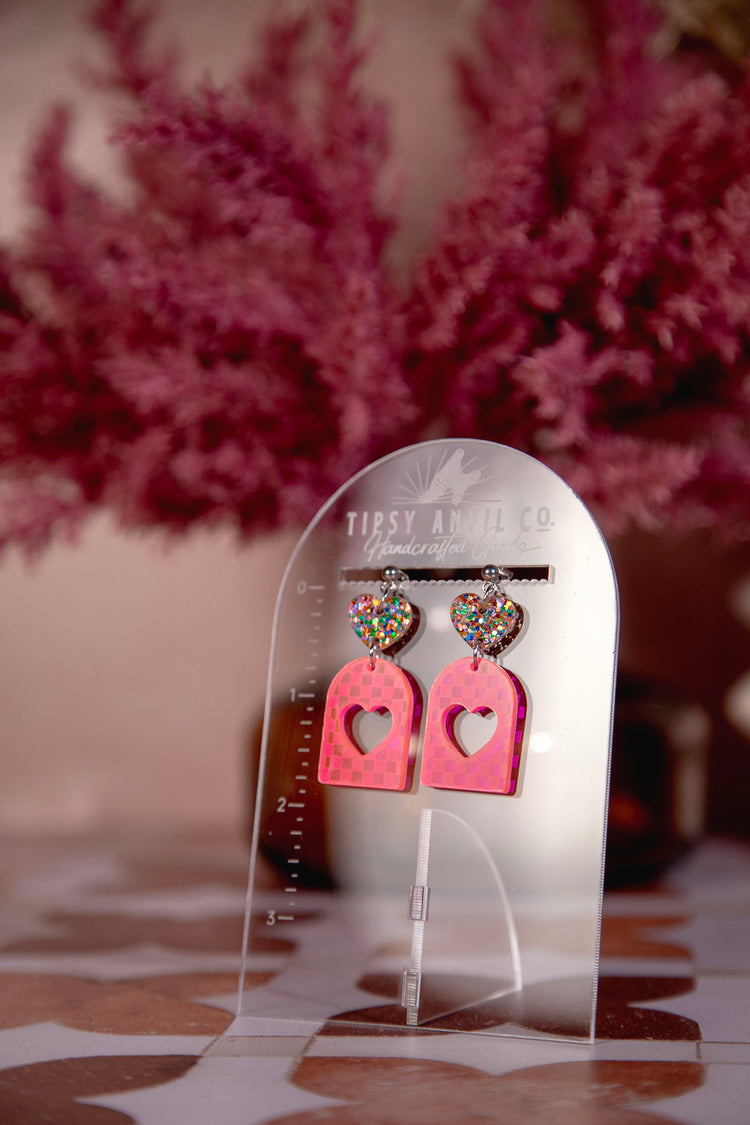 Checkered Hearts Acrylic Earrings