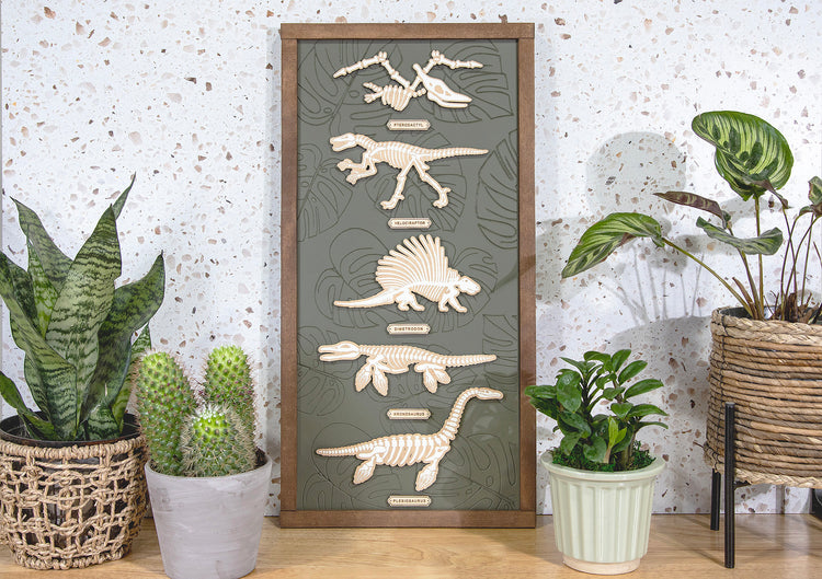 Dino Skeleton Engraved Monstera Wood Sign 2nd Version 12x24