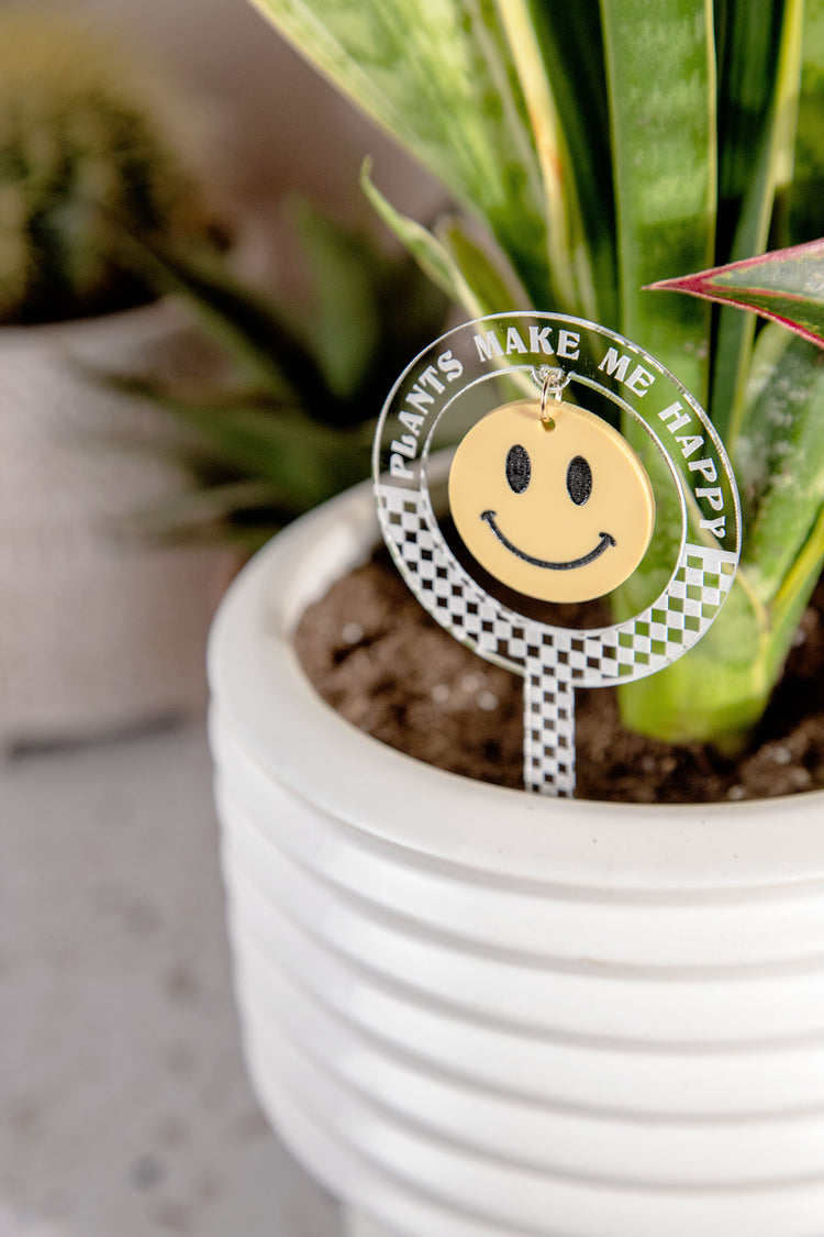 Plants Make Me Happy Checkered Acrylic Plant Stake