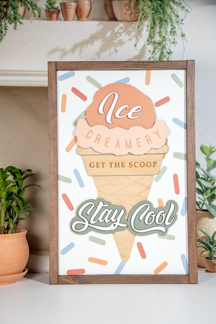 Ice Creamery Stay Cool 3D Wood Sign 14x20 Inches