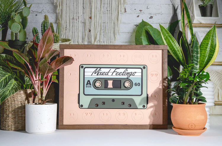 Mixed Feelings Smiley Cassette Tape Wood Sign