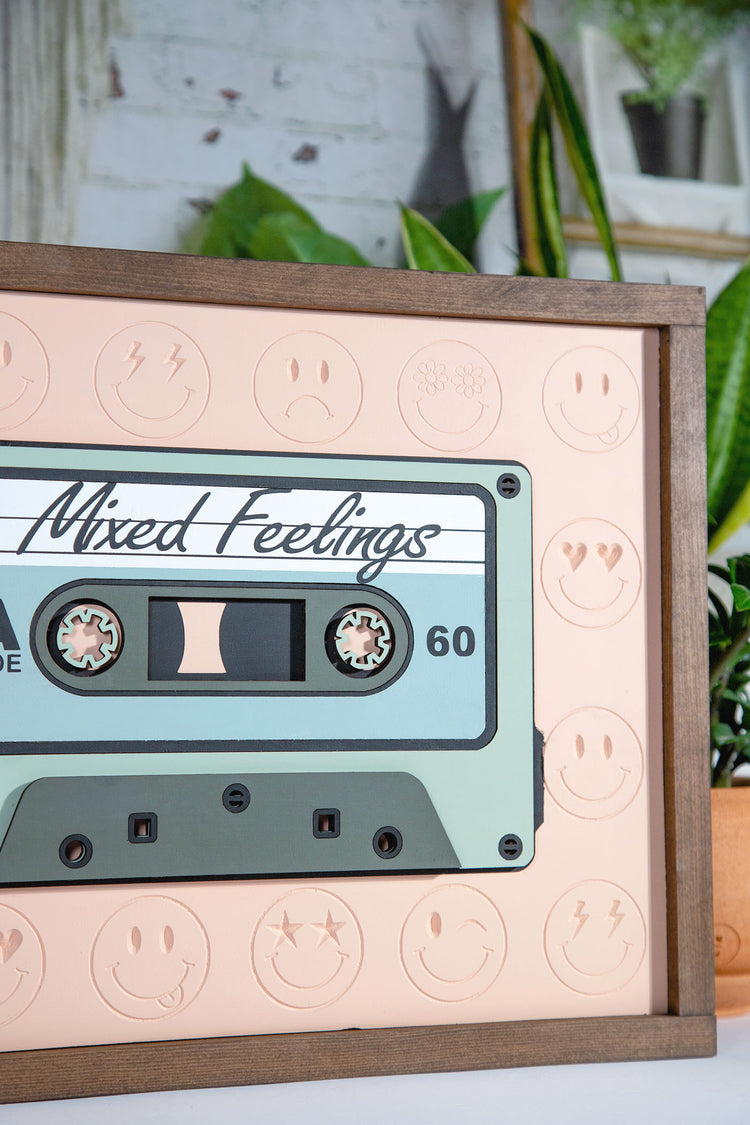 Mixed Feelings Smiley Cassette Tape Wood Sign