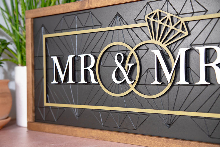 Mr & Mrs Wedding Diamond Engraved Wood Sign
