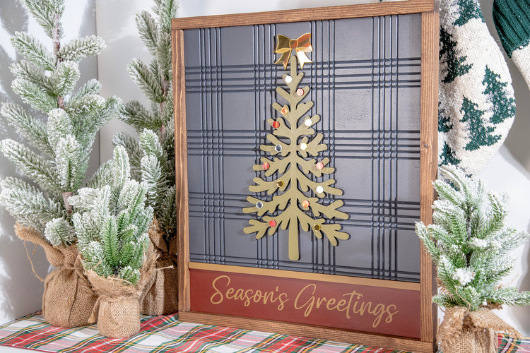 Seasons Greetings Plaid Tree Wood Sign 17x20