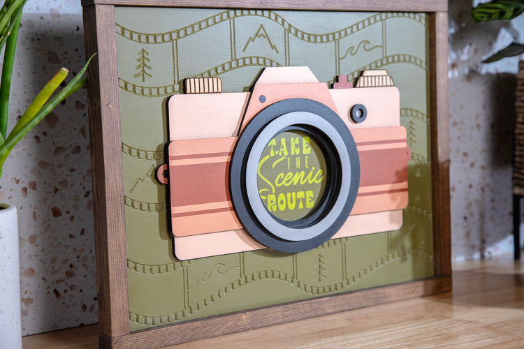 Take Scenic Route Camera Wood Sign 17x14
