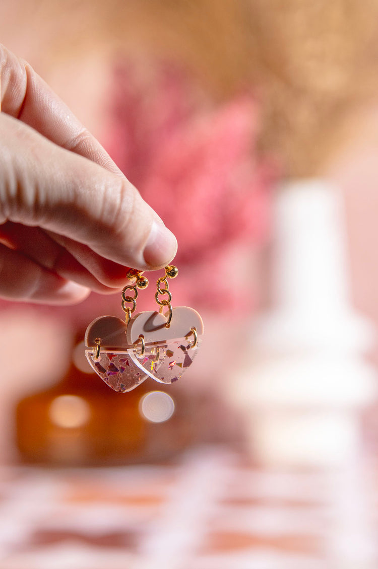 Heart Rose Gold Flake Acrylic Earrings