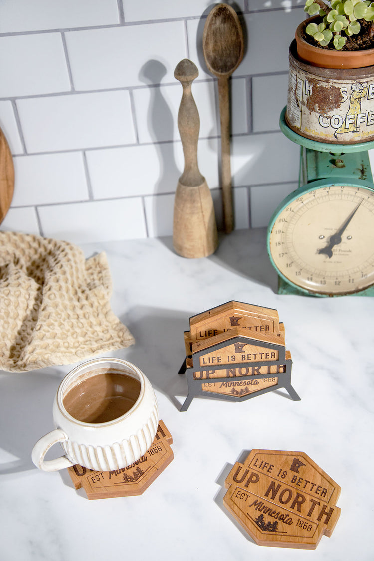 Life is Better Up North Wood Coaster Set