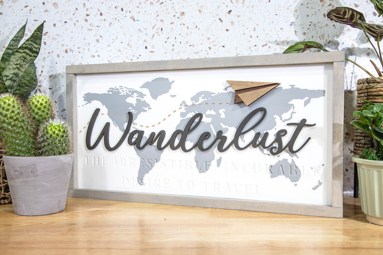 Wanderlust World Map Wood Sign 24x12