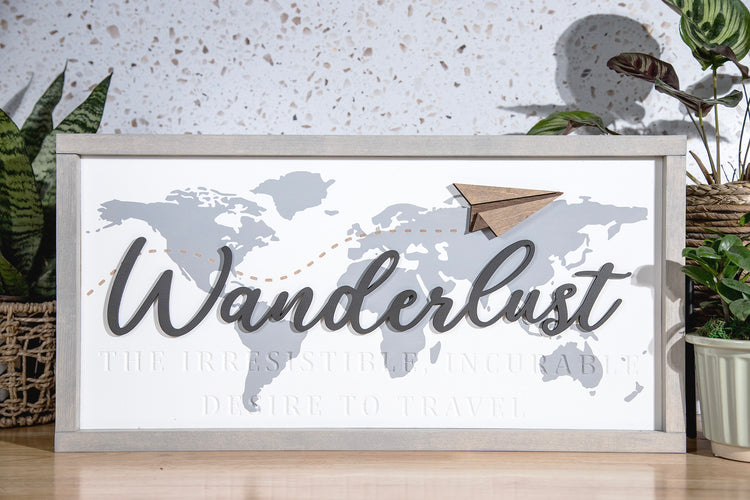 Wanderlust World Map Wood Sign 24x12