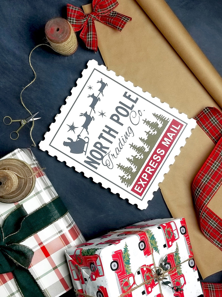 North Pole Christmas Mail Stamp Wood Sign 11x13