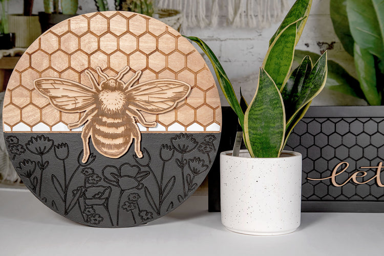 Bee Honeycomb Floral Wood Sign 13 In.
