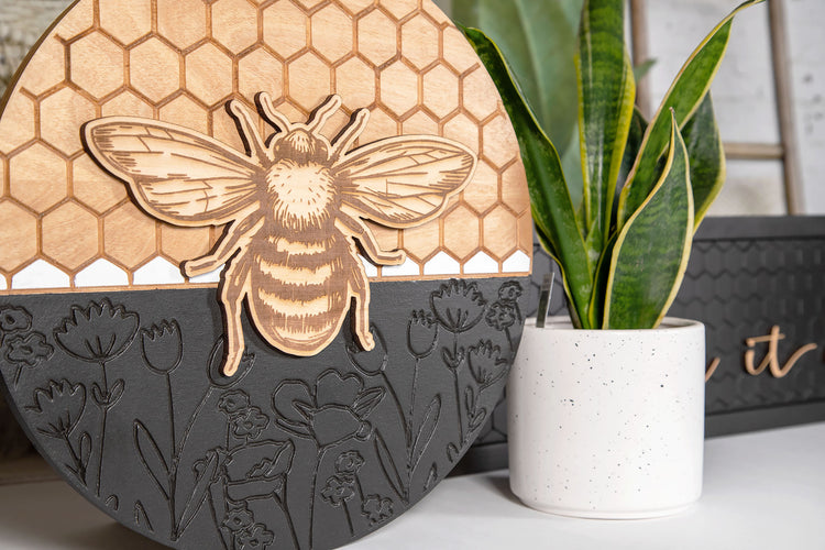 Bee Honeycomb Floral Wood Sign 13 In.