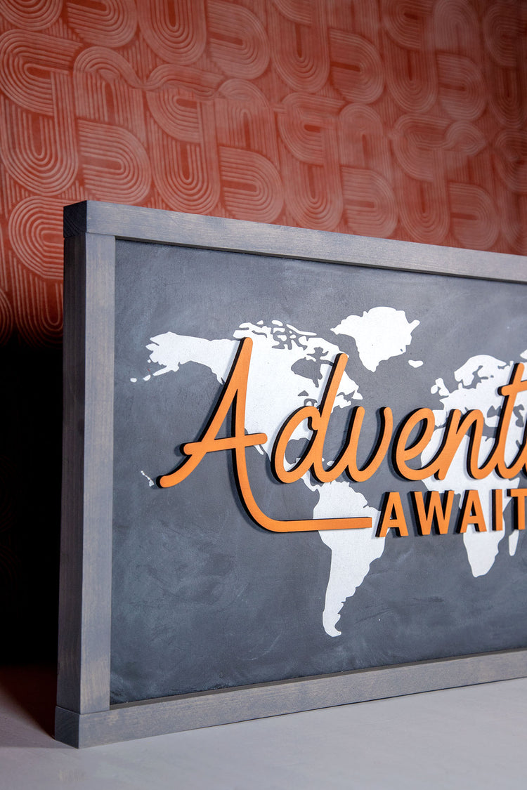 Adventure Awaits Chalkboard World Map Wood Sign