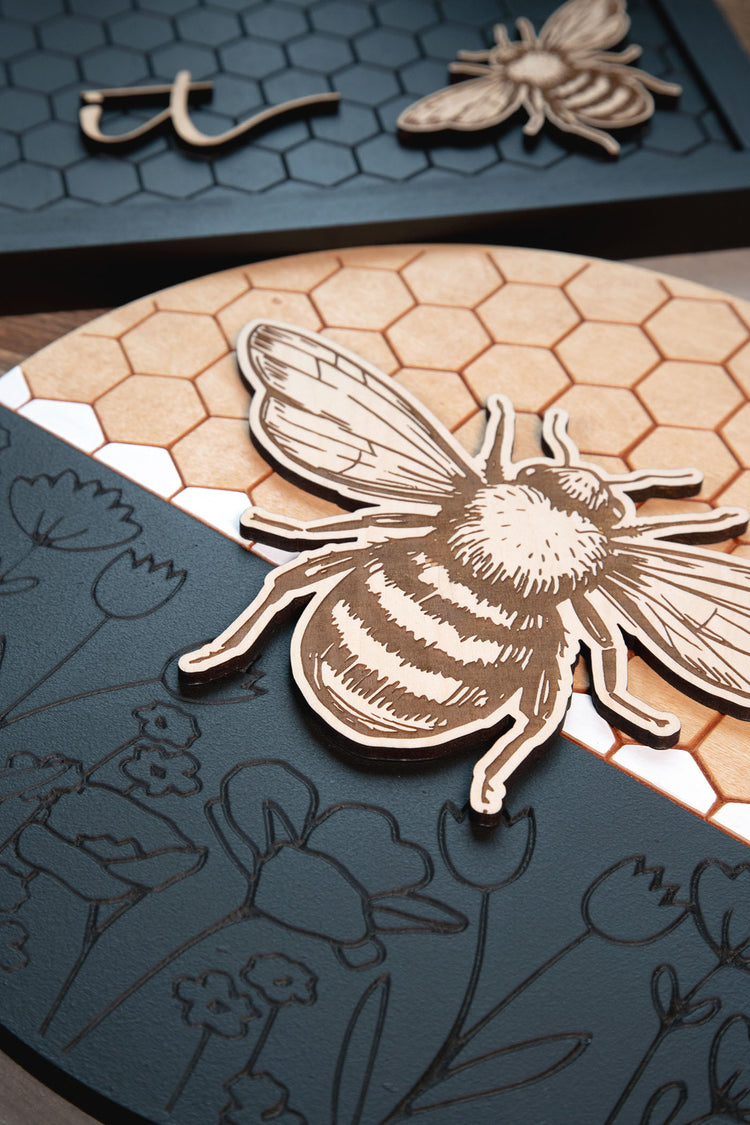 Bee Honeycomb Floral Wood Sign 13 In.