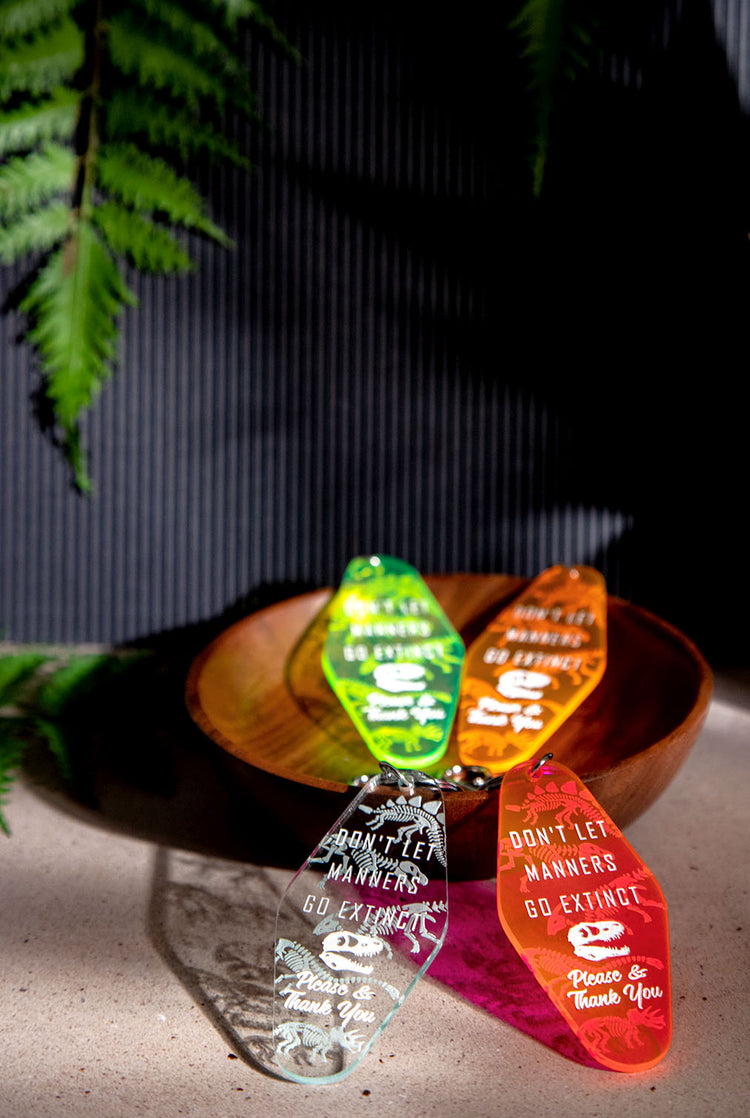 Manners Go Extinct Dinosaur Fluorescent Acrylic Retro Keychain