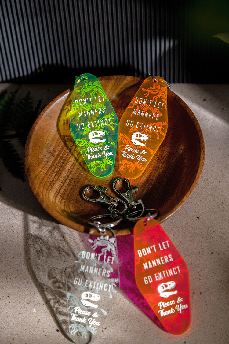 Manners Go Extinct Dinosaur Fluorescent Acrylic Retro Keychain