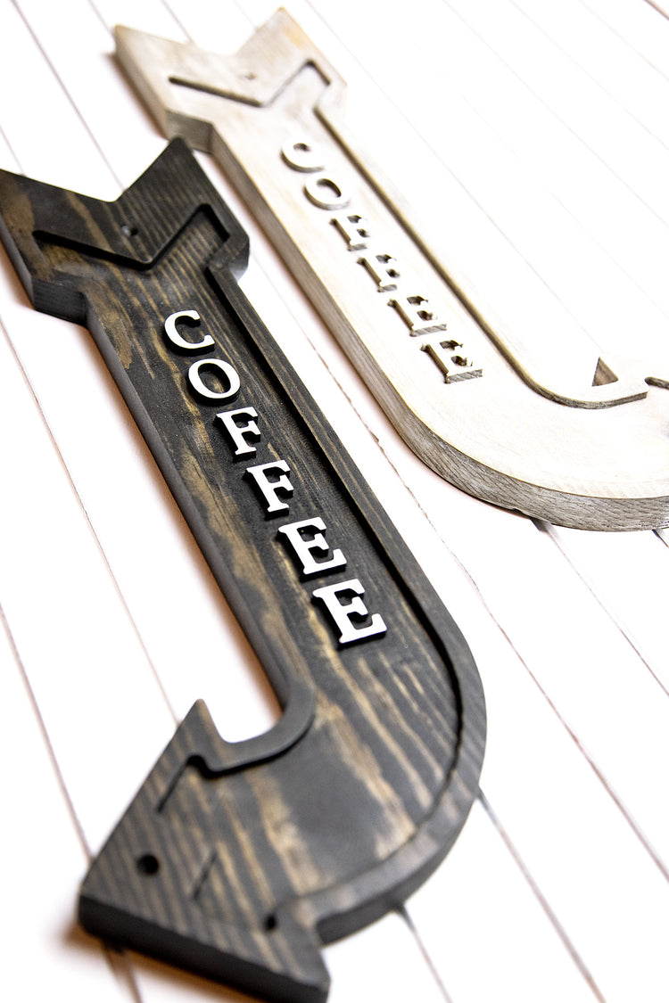 Coffee Embossed Arrow Wood Sign 18 Tall