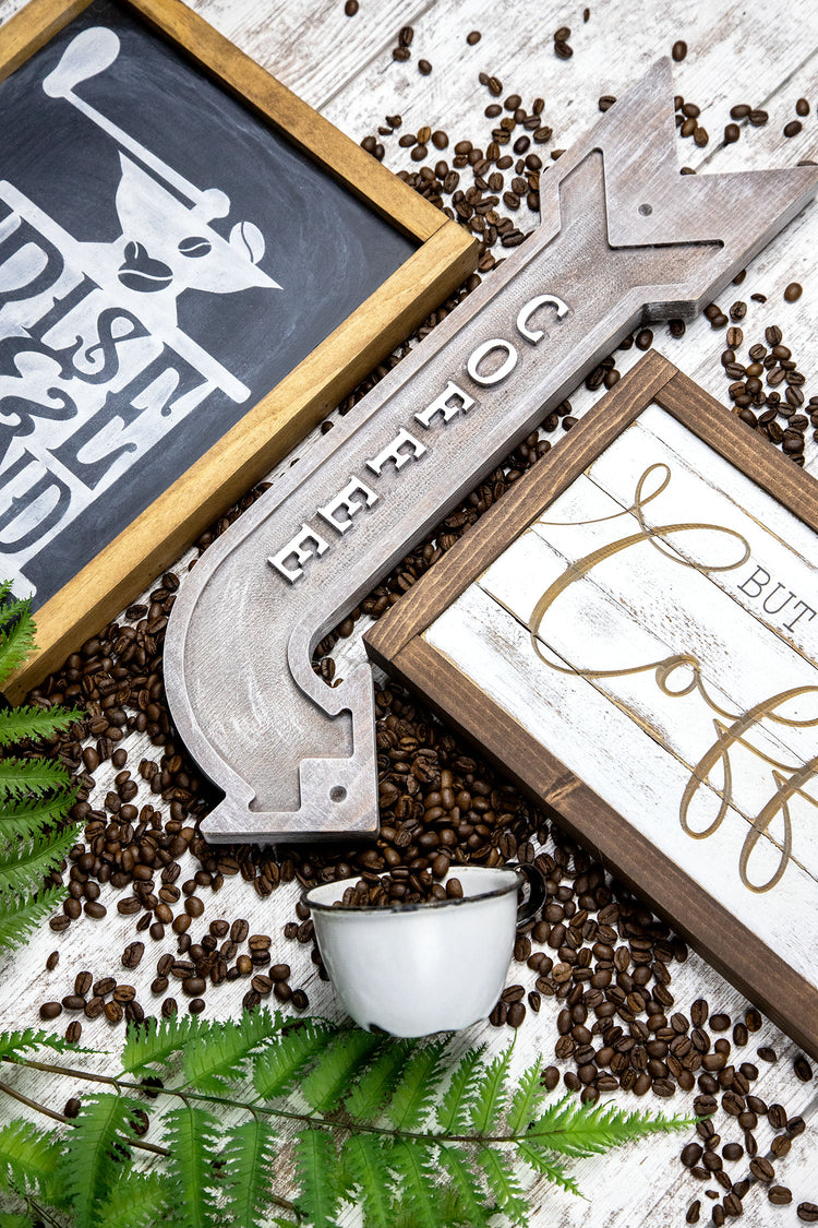 Coffee Embossed Arrow Wood Sign 18 Tall