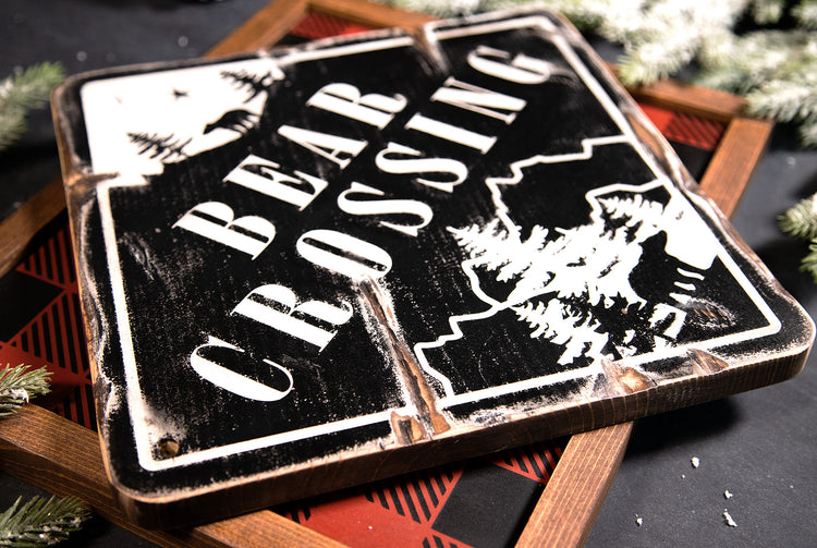 Bear Crossing Rustic Wood Sign 11.5x11.5