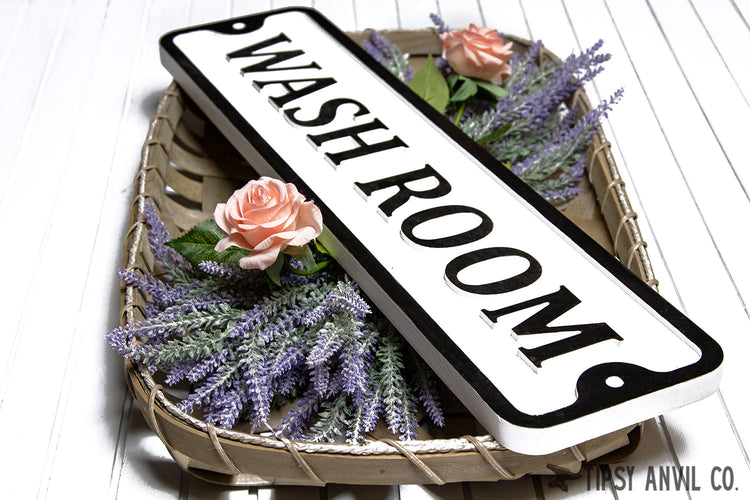 Wash Room Embossed Wood Sign 25x6