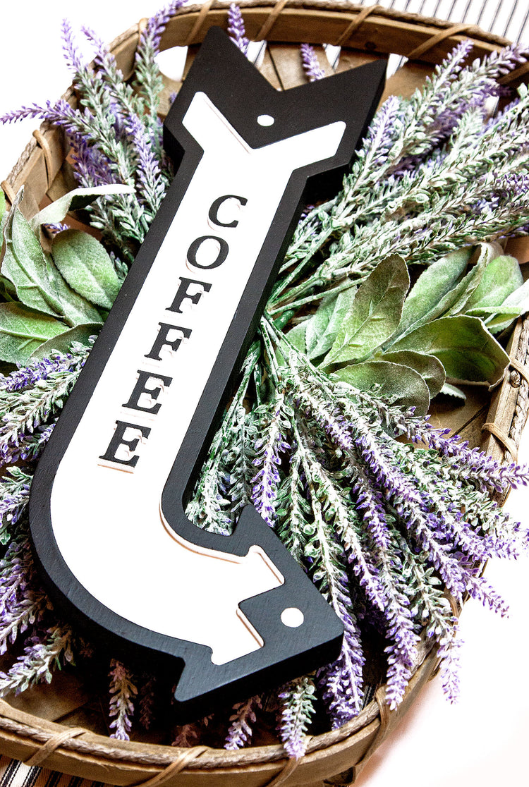 Coffee Embossed Arrow Wood Sign 18 Tall