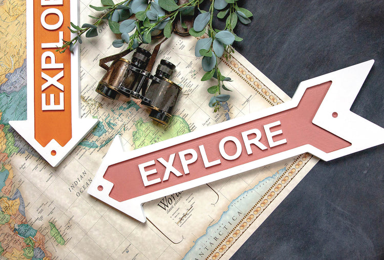 Explore Arrow Embossed Wood Sign 24x6.5