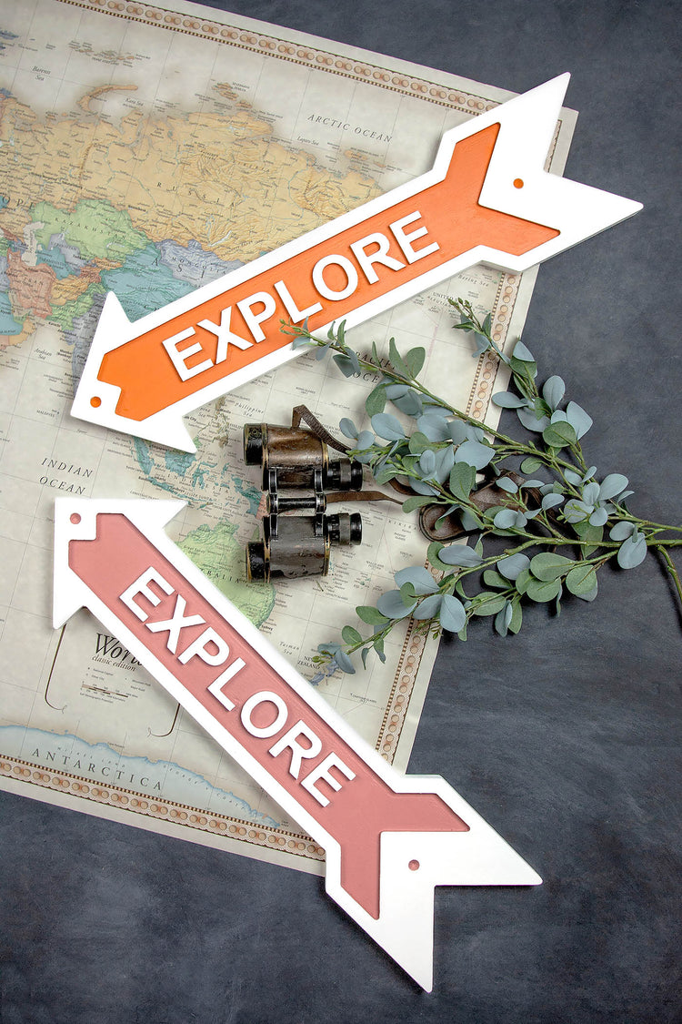 Explore Arrow Embossed Wood Sign 24x6.5