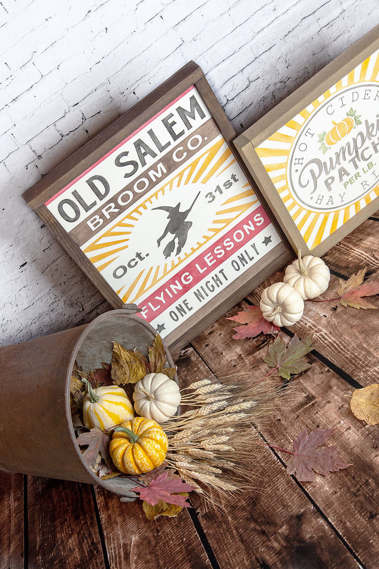 Old Salem Broom Co. Flying Lesson Wood Sign 19x13