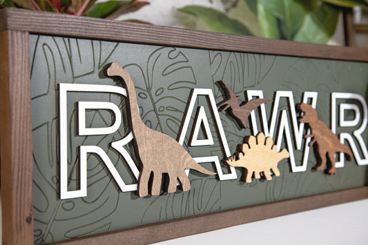 Rawr Dinosaur Engraved Monstera Wood Sign 24x9