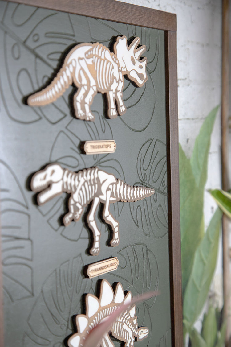 Dino Skeleton Engraved Monstera Wood Sign 12x24