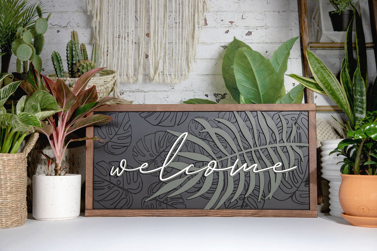 Welcome Fern & Monstera Wood Sign 24x12
