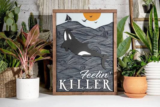 Feeling Killer Whale Engraved Waves Wood Sign 14x20