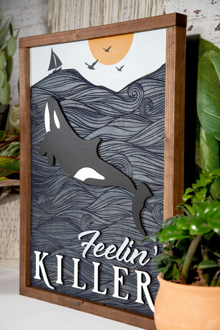 Feeling Killer Whale Engraved Waves Wood Sign 14x20