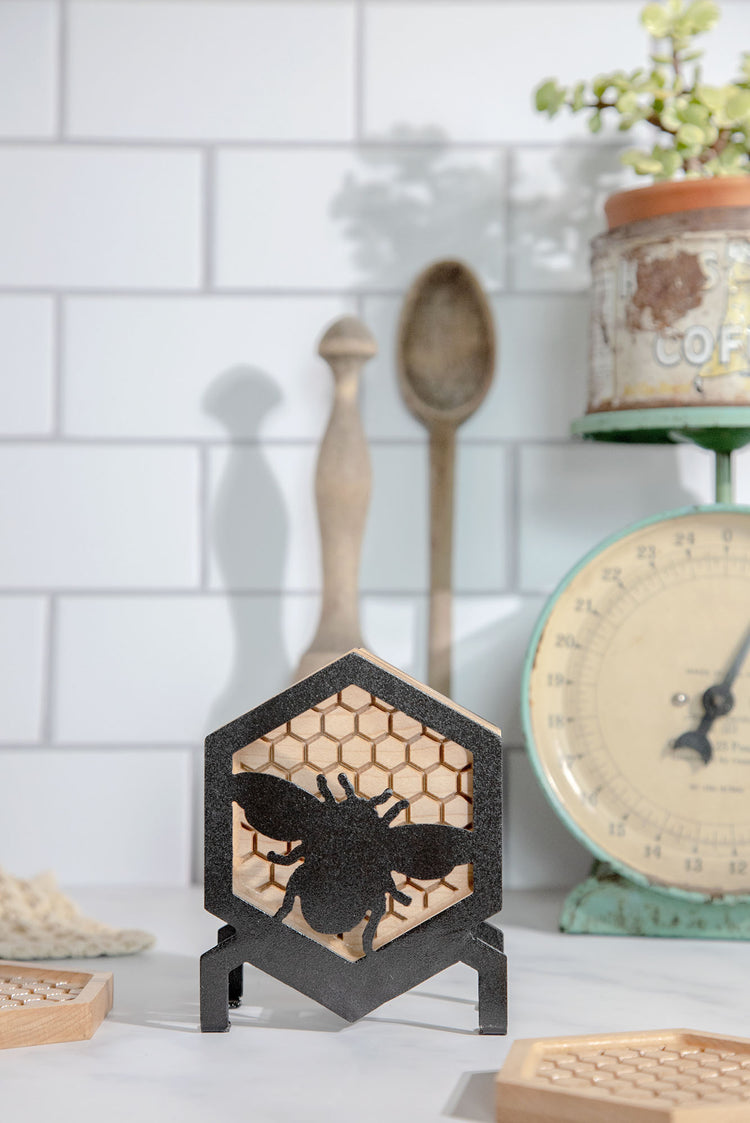 Honeycomb Bee Wood Coaster Set