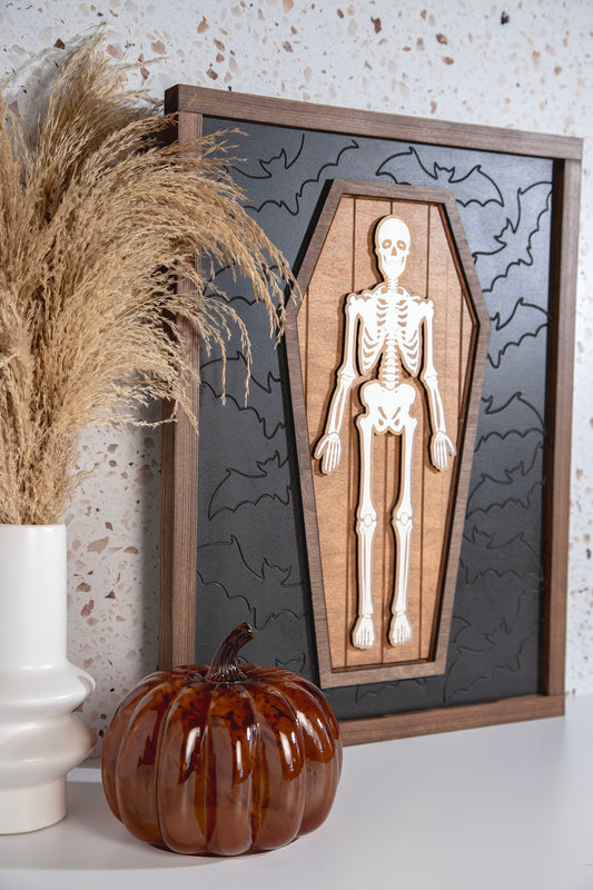 Skeleton Coffin Wood Sign