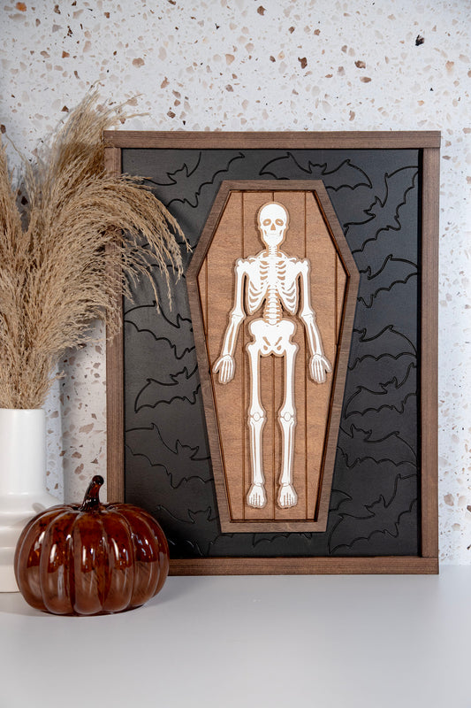 Skeleton Coffin Wood Sign