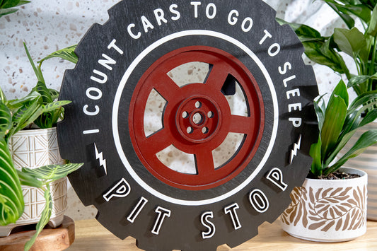 Count Cars To Sleep Pit Stop Wood Tire Sign