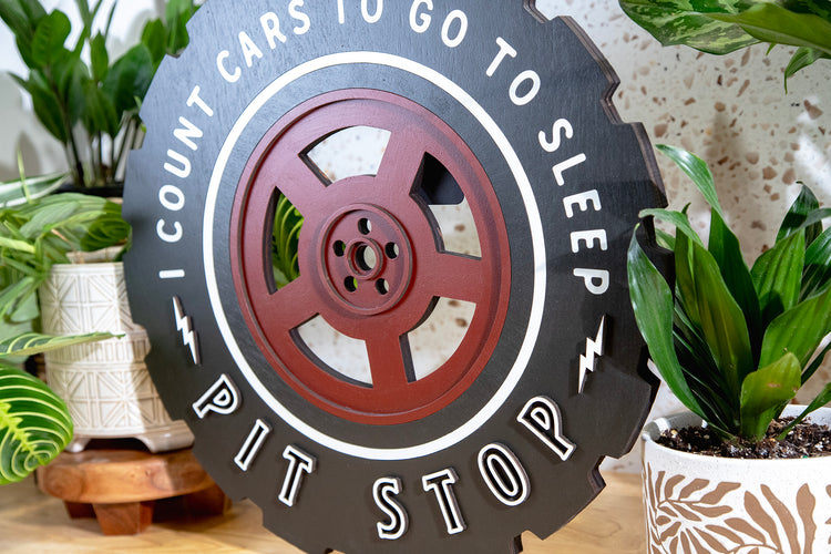 Count Cars To Sleep Pit Stop Wood Tire Sign