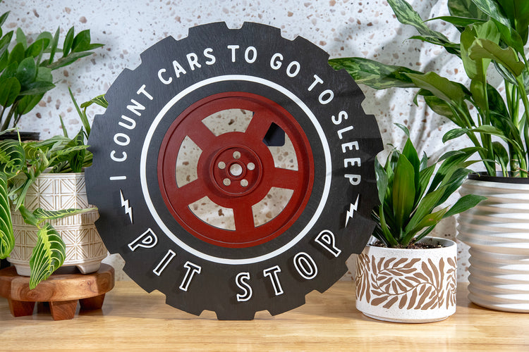Count Cars To Sleep Pit Stop Wood Tire Sign