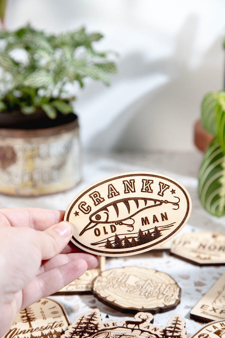 Cranky Old Man Fishing Wood Magnet