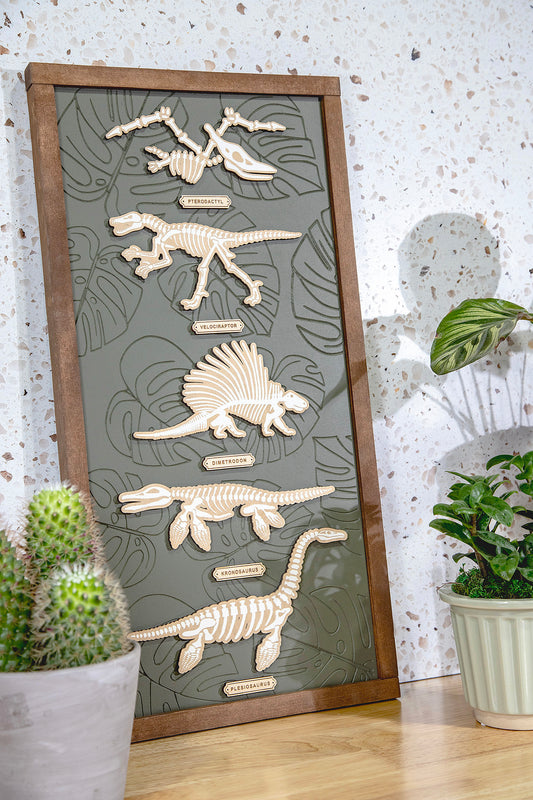 Dino Skeleton Engraved Monstera Wood Sign 2nd Version 12x24