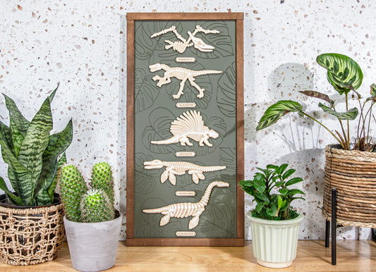 Dino Skeleton Engraved Monstera Wood Sign 2nd Version 12x24